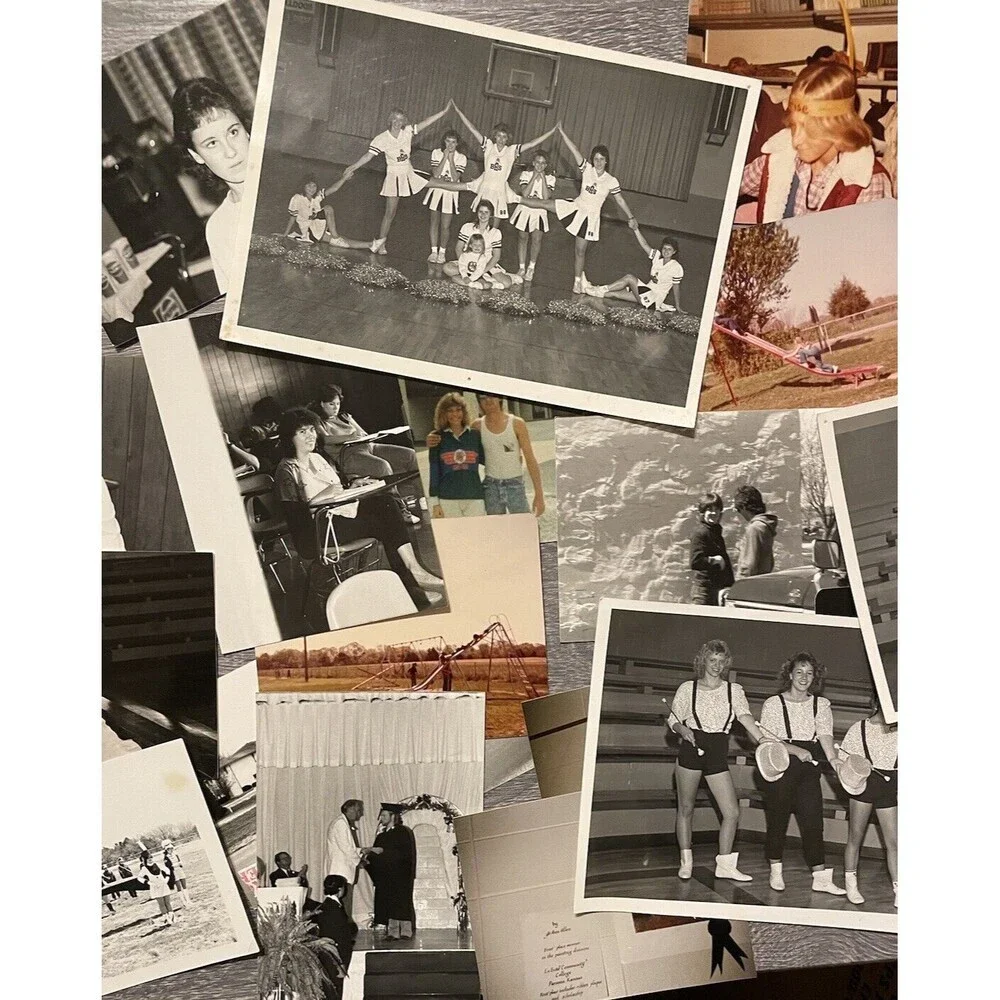 23 School Yearbook Photos w/Tags 1980’s B&W and Color Sports Cheerleading Band
